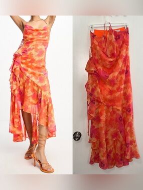 NWOT ASOS cowl neck ruffle detail hi-low hem midi slip dress